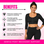Post-surgery arm compression sleeve features – front hook-and-eye closure, built-in bust support, arm compression, soft breathable fabric