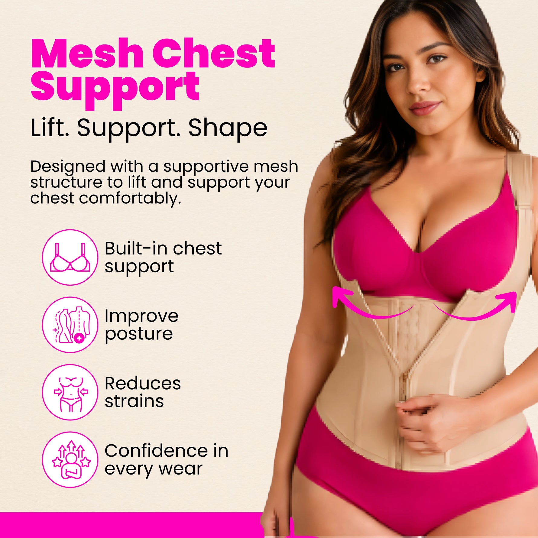 Close-up detail of women's waist trainer corset showing mesh fabric, boning structure, and zipper closure