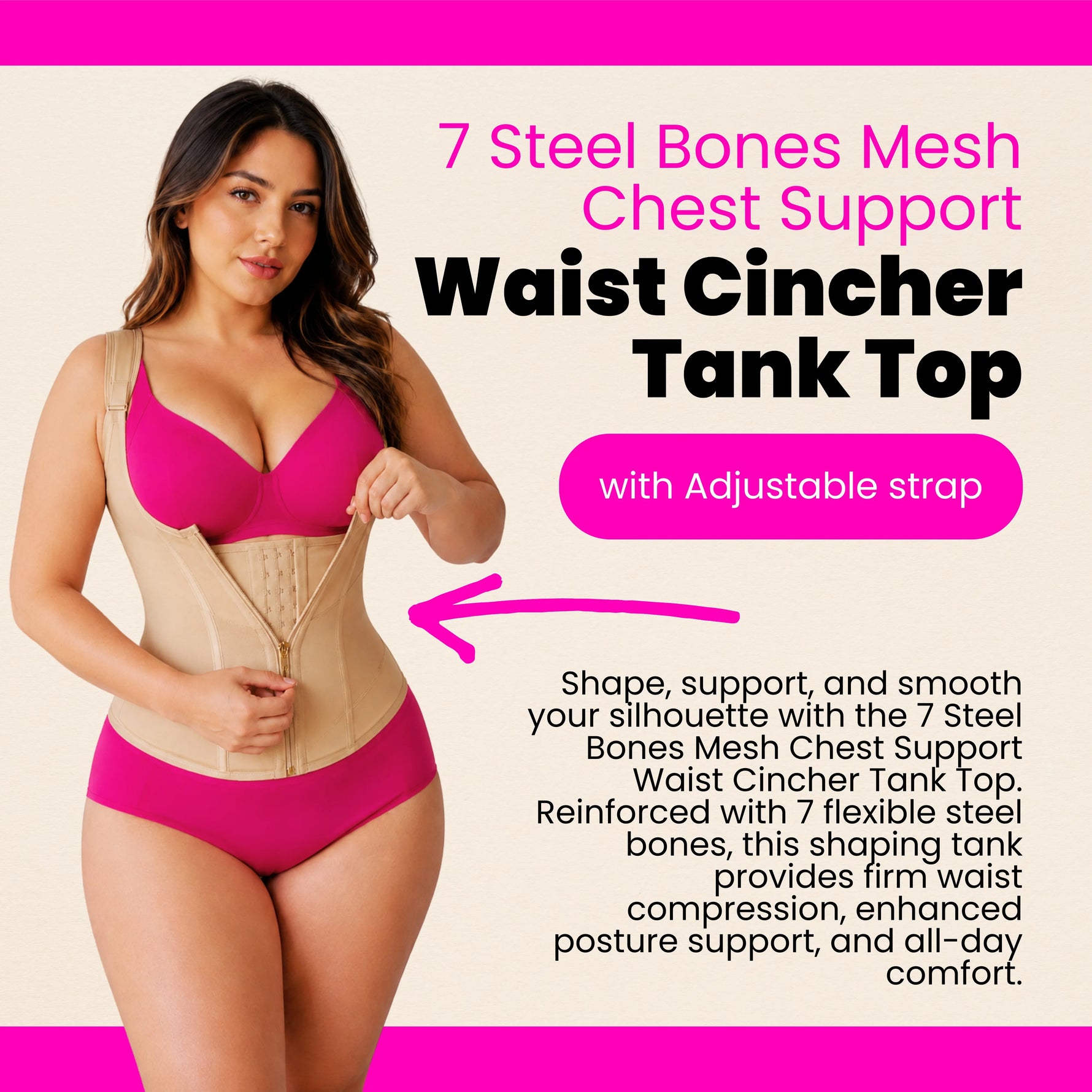 Size guide for women's waist trainer corset shapewear with zipper and adjustable straps