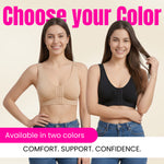 Two women wearing different color bras with text 'Choose your Color' and 'Available in two colors'.