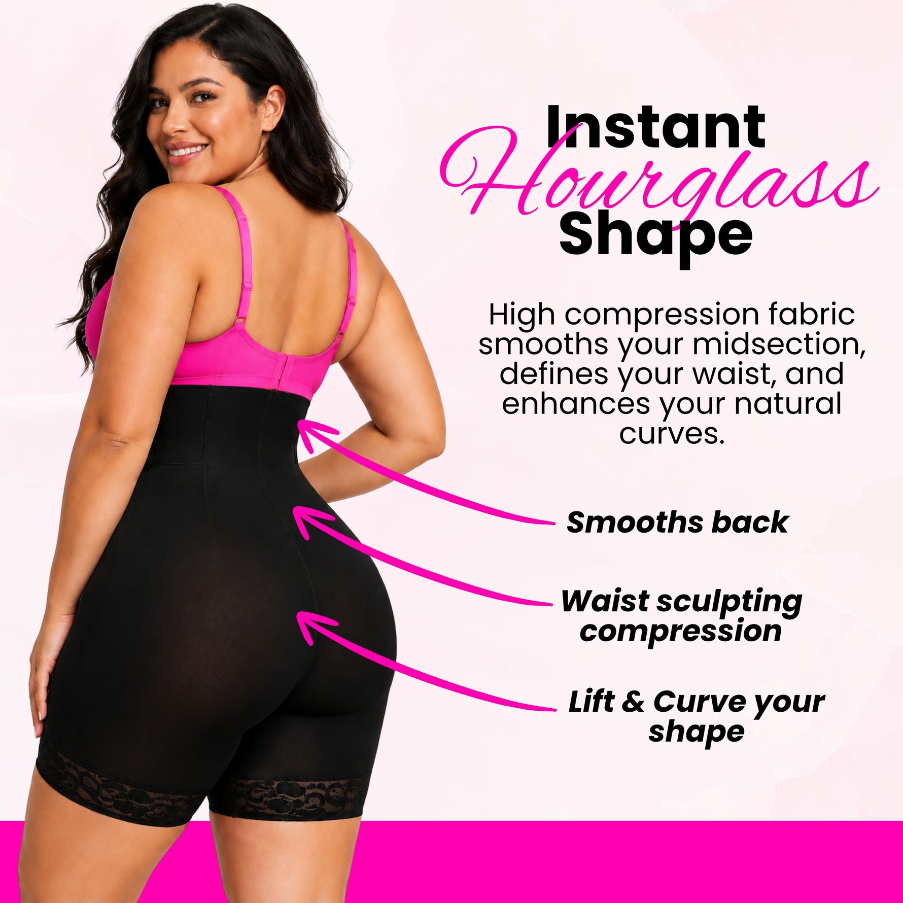 Women's high compression body shaper shorts with lace hem and butt lift design for hourglass figure