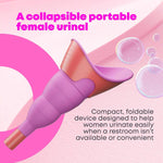 Reusable and eco-friendly collapsible female urinal shown folded flat on bathroom counter Pink 
